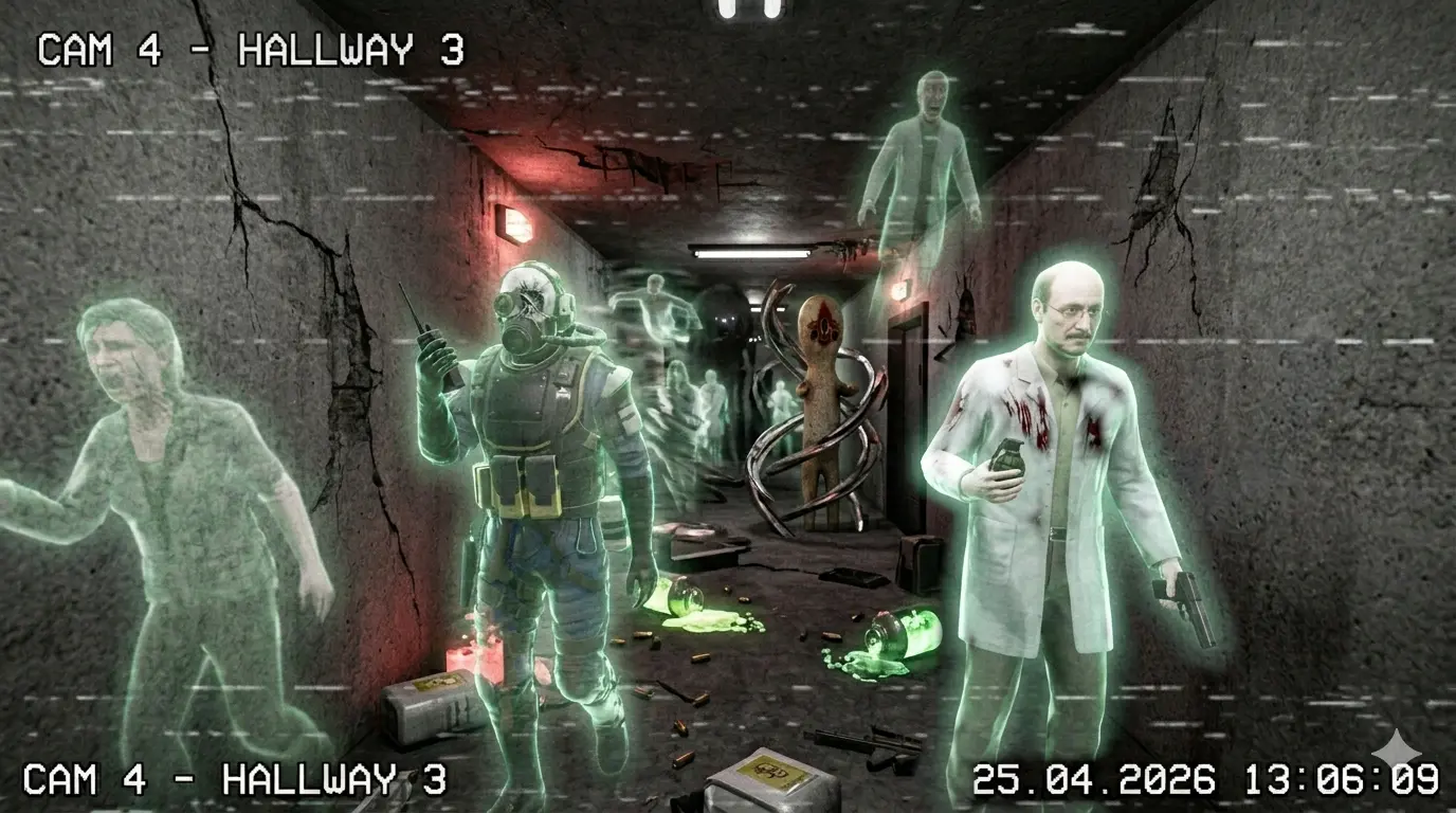 Recovered CCTV frame showing ghostly residents, armed staff, and anomalous creatures crowding Hallway 3 during a chaotic facility surge