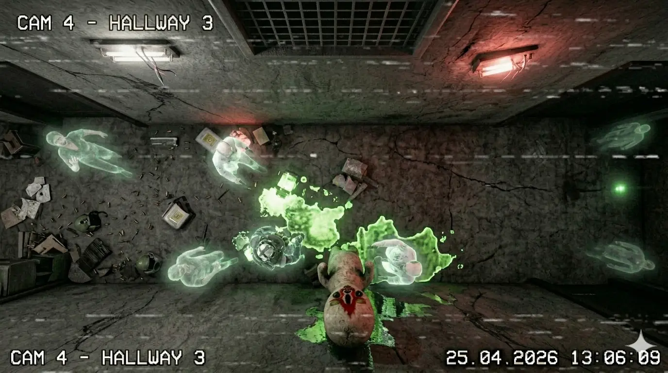Secondary overhead CCTV frame showing ghostly bodies, spilled green residue, and an anomalous figure sprawled across Hallway 3