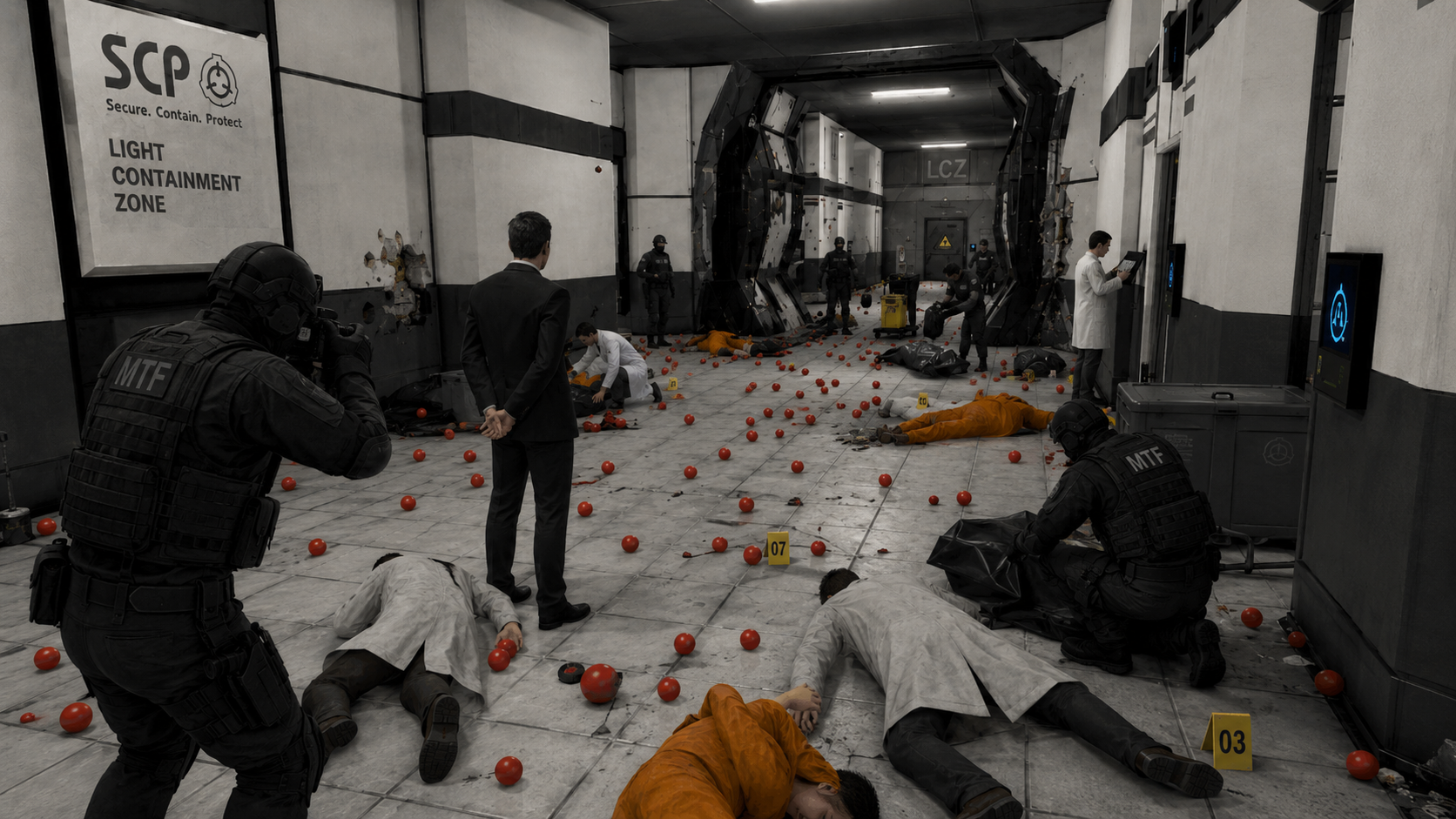 Facility personnel documenting damage and evidence following the bouncy ball incident